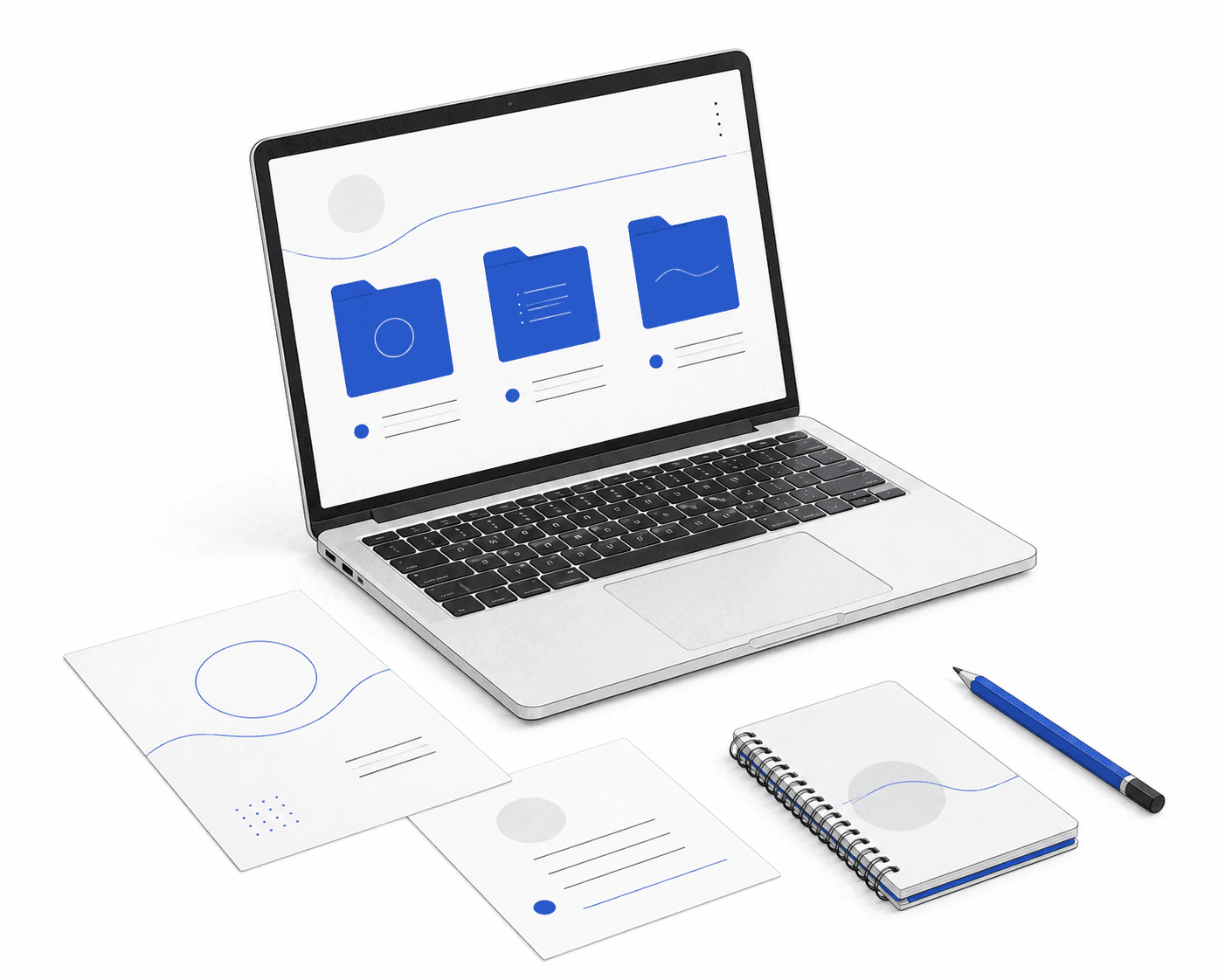 Laptop with organised blue folders, source notes and a notebook